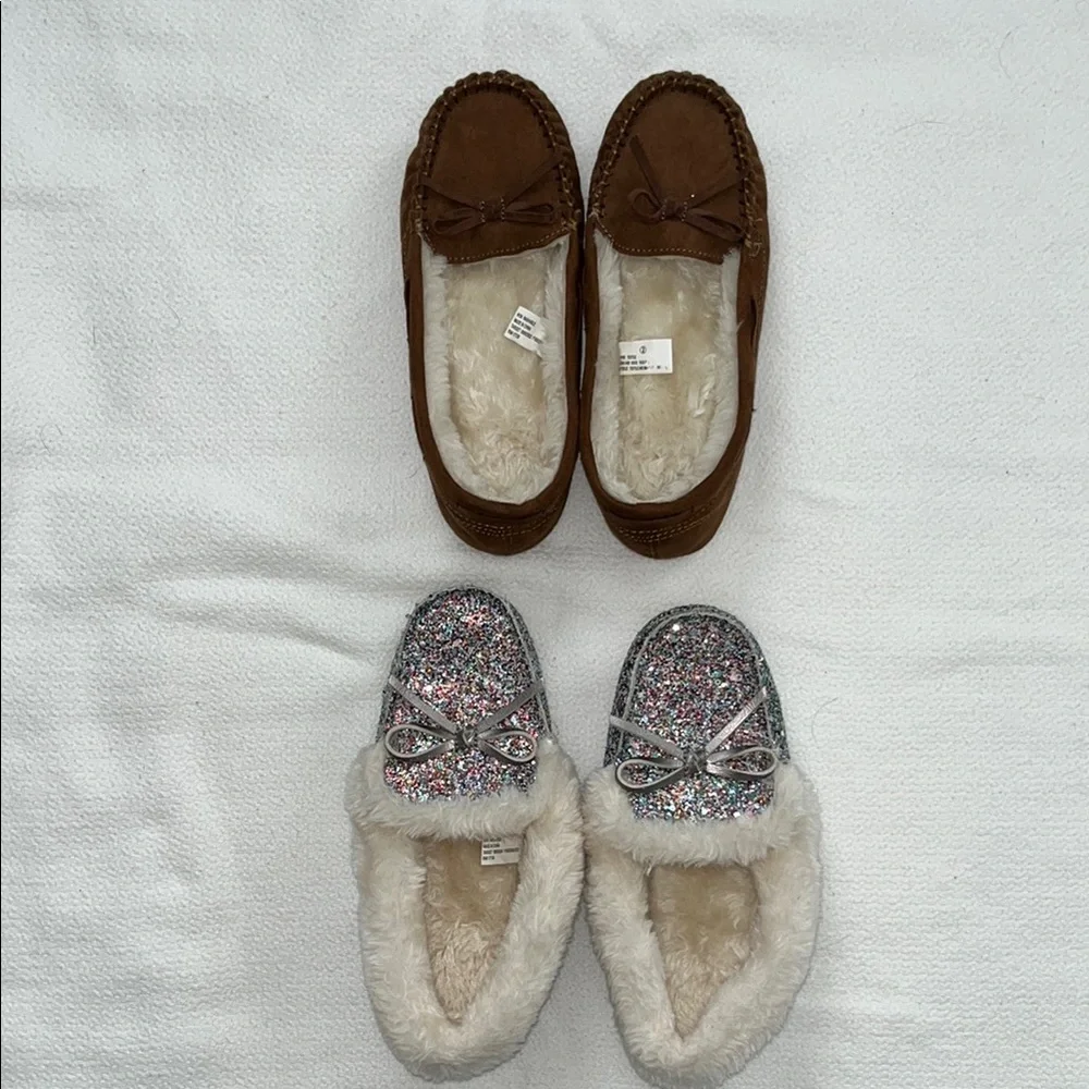 NWOT Chestnut Brown and Glitter Cat and Jack Kids Moccasin Shoes Size 2